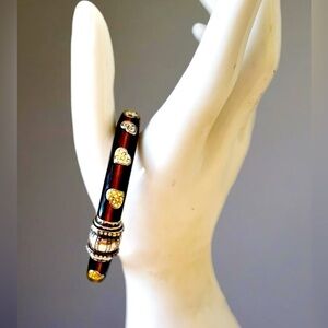 Brighton Brown Lucite Inlaid Heart Hinged Bangle Bracelet Pavè Crystals Rare